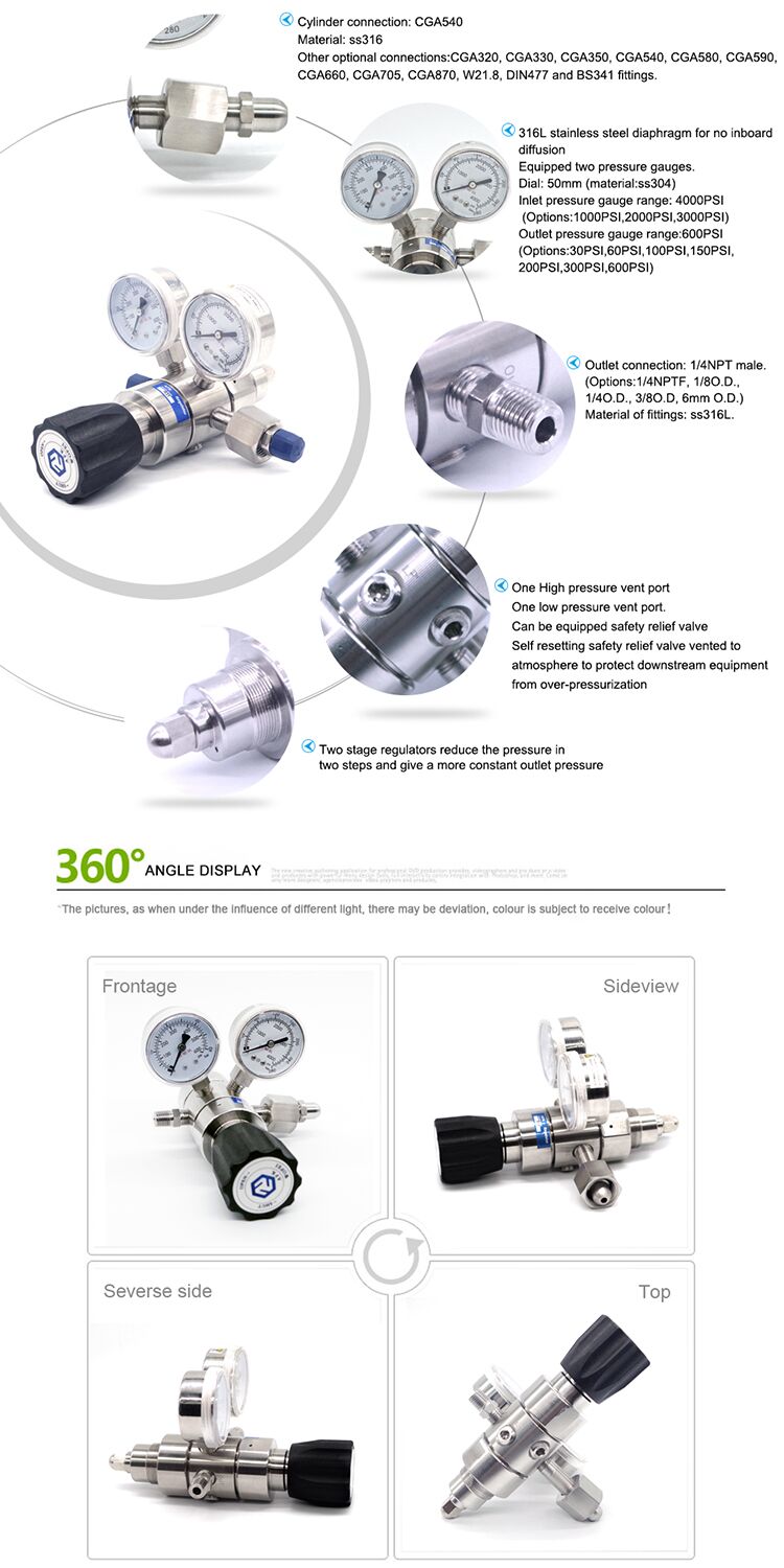 double stage stainless steel nitrogen gas pressure fixed regulator