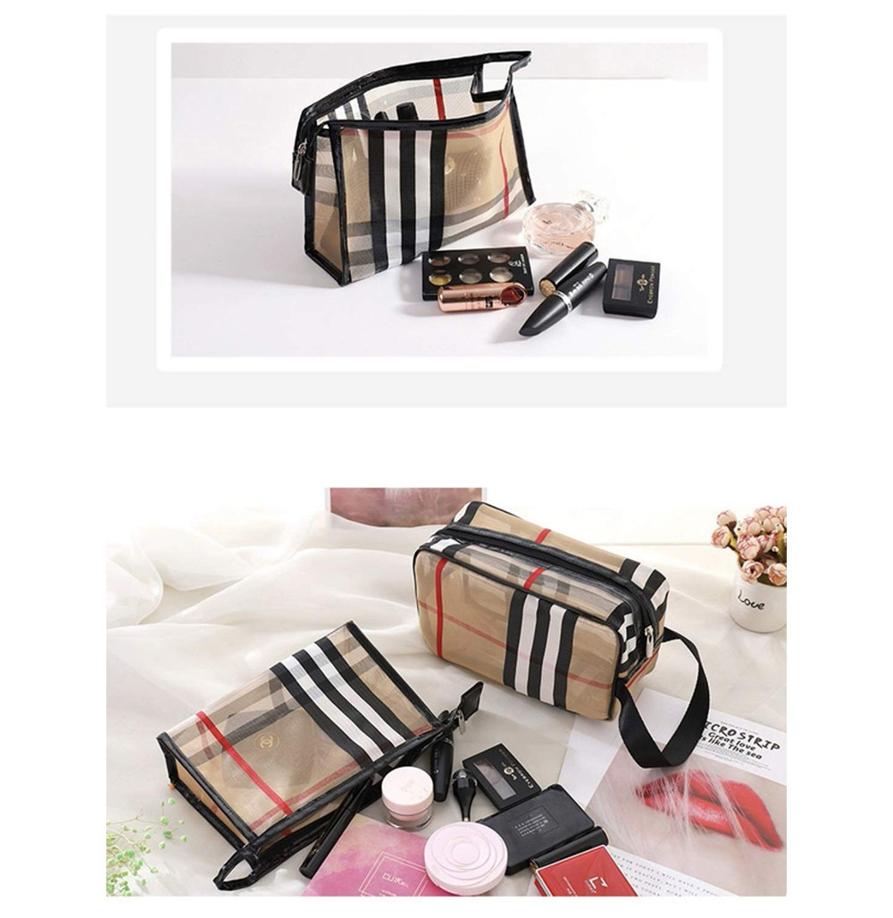 Travel Khaki PVC Stripe Mesh Makeup Bag For Women