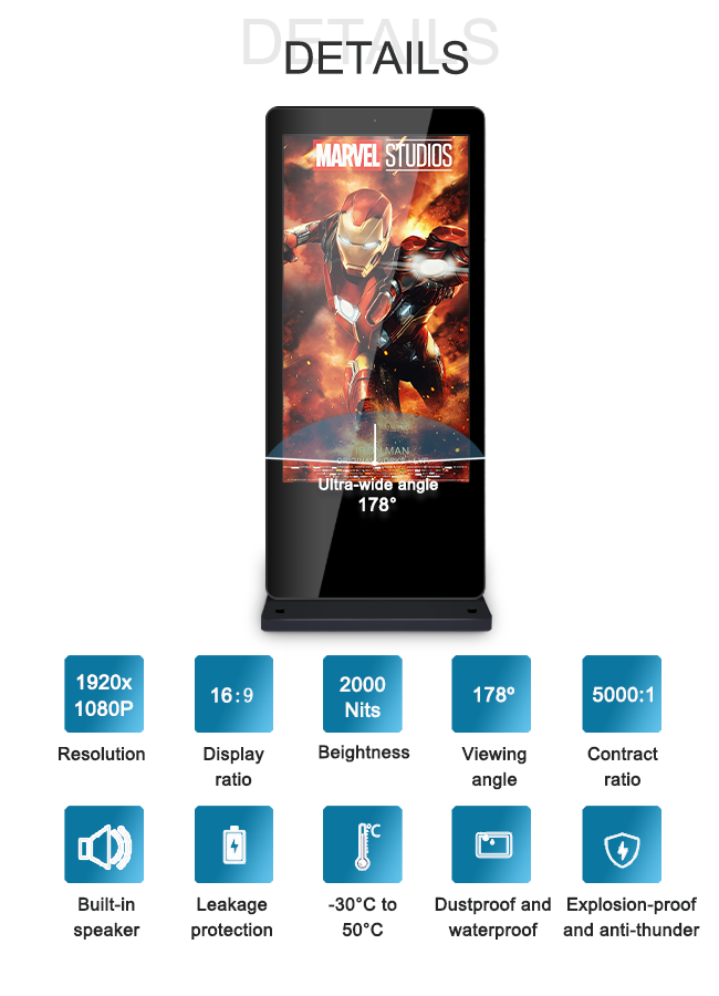 Thin Public 65" Outdoor LCD Digital Signage Kiosk Network Version
