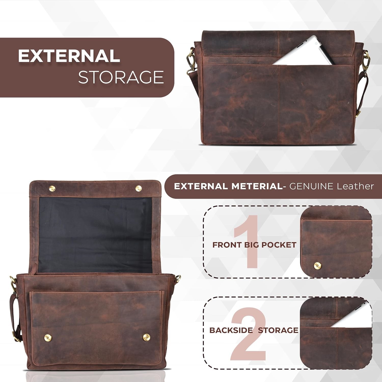 OAK LEATHERS LEATHER MESSENGER BAG FOR MEN AND WOMEN - LAPTOP BRIEFCASE BAG FOR COLLEGE, OFFICE, ADJUSTABLE SHOULDER