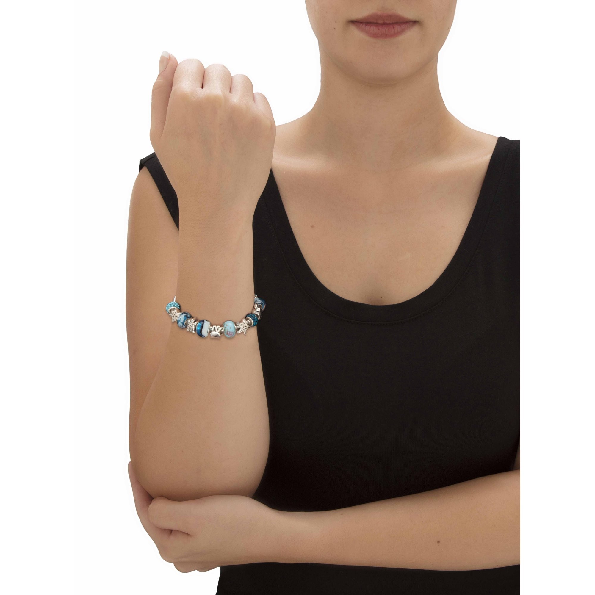 Round Blue Crystal "Sea Life" Turtle and Starfish Charm Bracelet Silvertone 8" Length