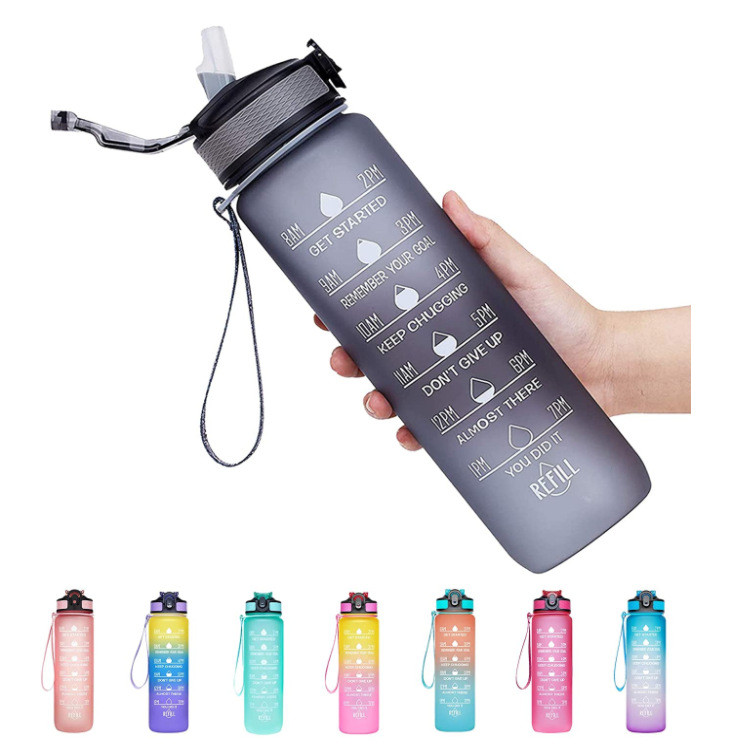 Multicolor Leakproof 32 Oz Water Bottles Motivational With Time Marker