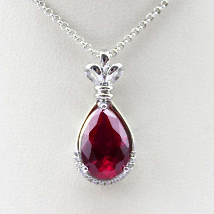 Women Fashion 7mm x 9mm Pear Shaped Ruby Cubic Zirconia Silver Pendant Necklace(P26)