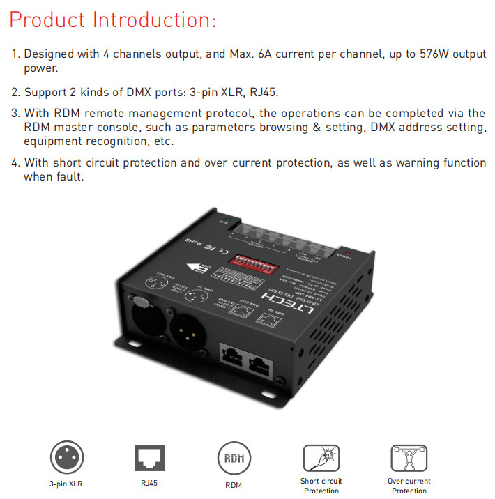 Led DMX Decoder Constant Voltage DC12V-24V 6A*4CH RJ45 4 channel output
