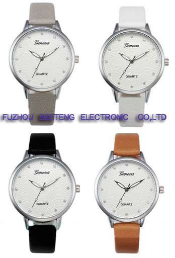 Simple clean design wrist watch with pu leather strap and groove dial for ladies