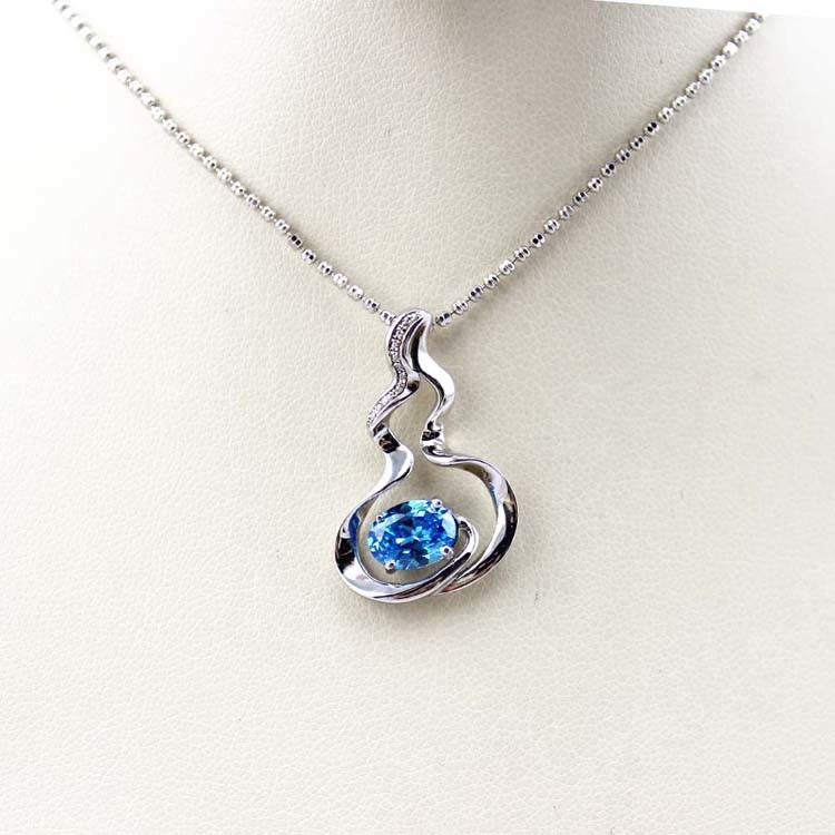 925 Silver Bead Chain Oval 6x8mm Blue Cubic Zircon Pendant Necklace(P34)