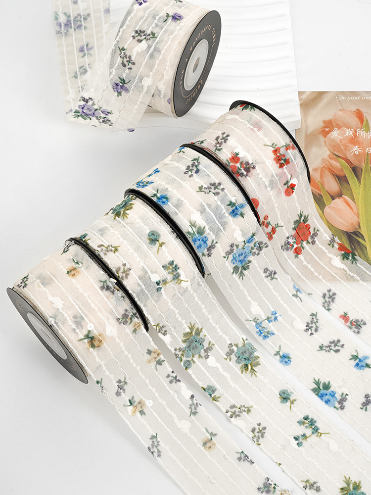 Flower Printed Personalized Organza Ribbon 4cm Flora Ivory Organza Ribbon