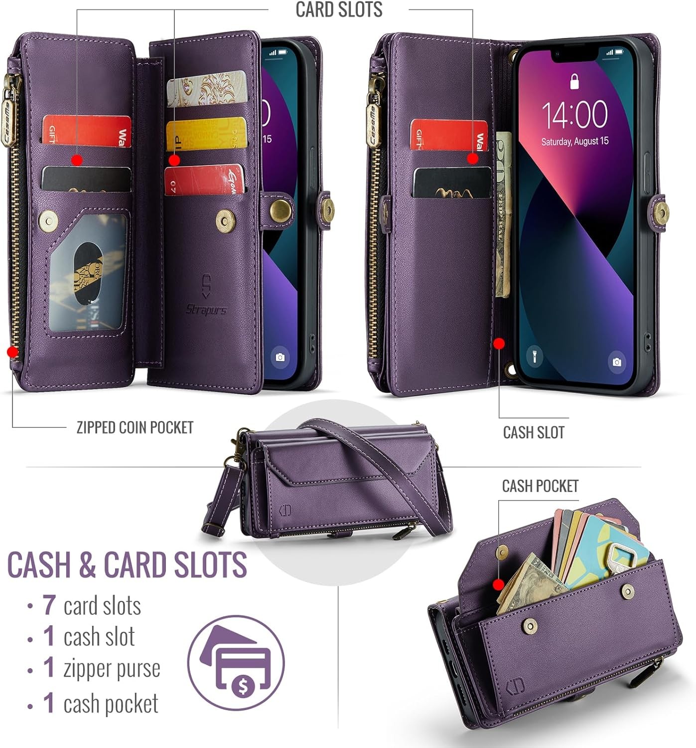 iPhone 13 case, zipper wallet with 7 cards, leather magnetic flip-flop wristband