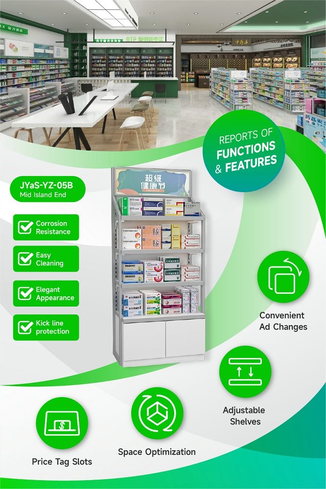 JYaS-YZ-05B High-End Boutique Pharmacy Design Cabinet for Pharmacy Entrance with White Glossy Boards