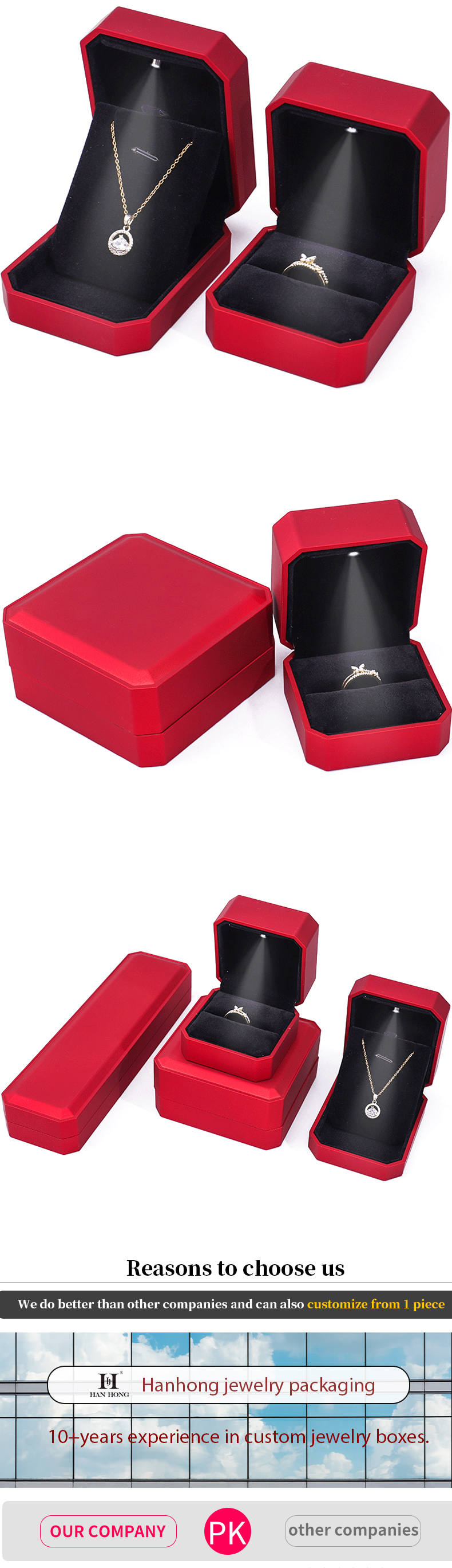 Luxury Jewelry Display Box with LED Light and Custom Logo Red Paint Finish 10*10*5cm