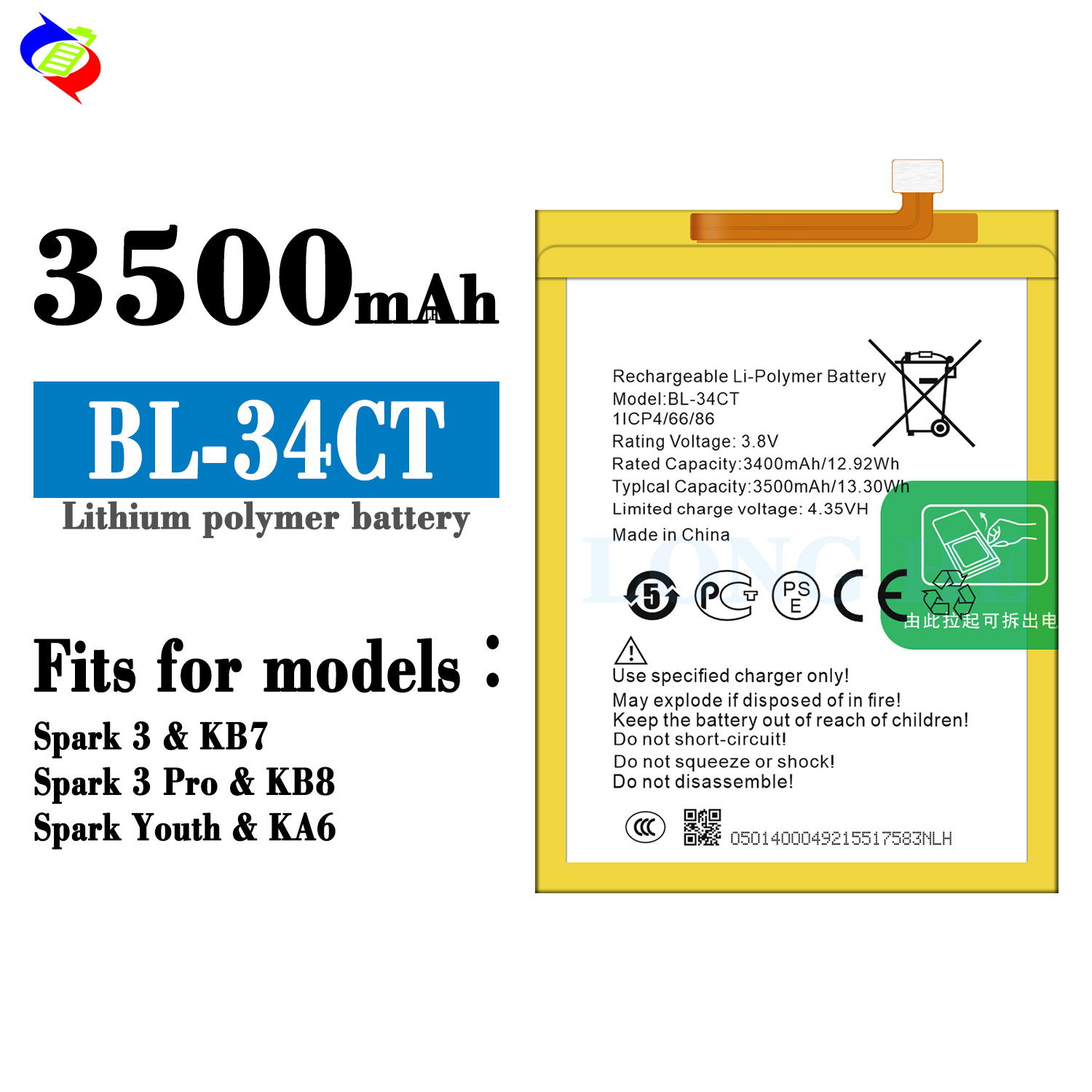 3500mAh KB8 BL-34CT Battery for Tecno Spark 3 Pro High Longevity and Compatibility