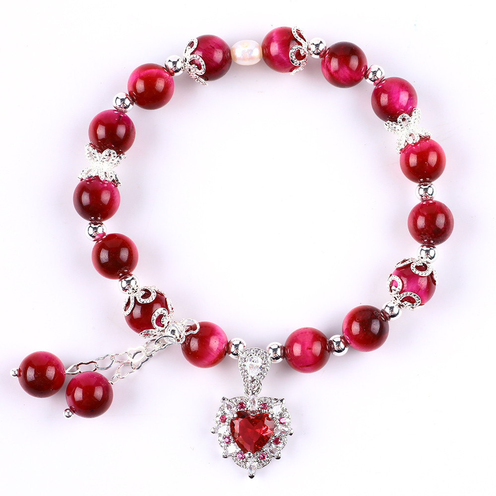 8mm Round Stone Rose Red Tiger'S Eye Beaded Stretch Bracelet