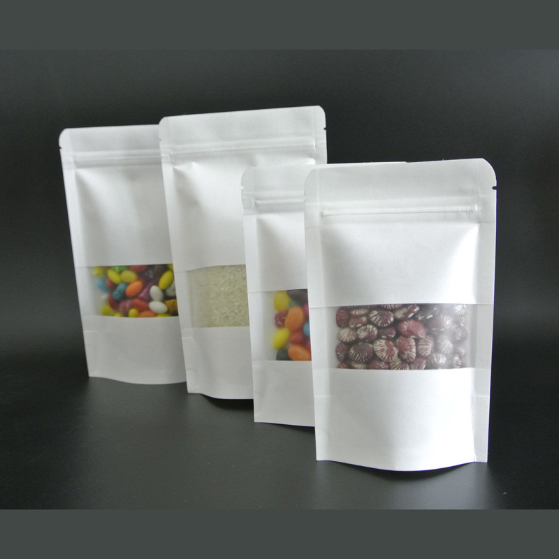 Custom Printed White Stand Up Kraft Paper Bags with Matte Clear Window with Zipper for Candy, Snacks, Food Packaging