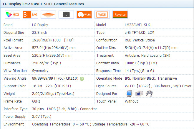 LG 23.8" LM238WF1-SLK1 Industrial Touch Panel FHD 1920*1080 IPS LVDS