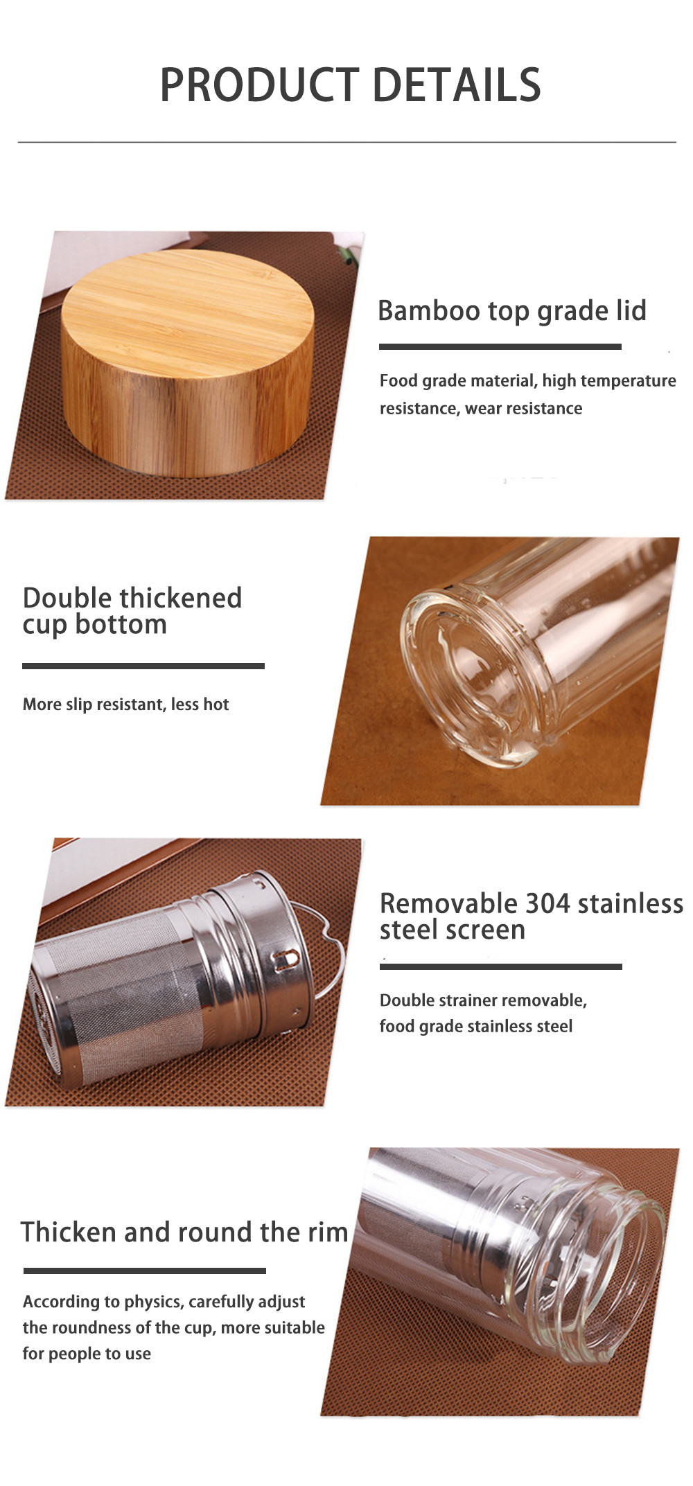 Double Wall High Borosilicate Glass Water Bottle Insulated Tea Infuser OEM