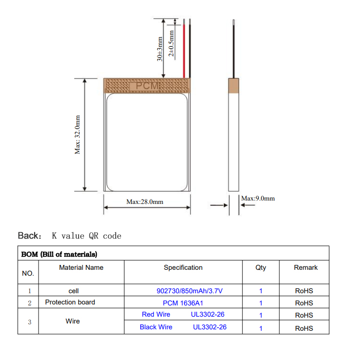 3.7V 850mAh Rechargeable Polymer Lithium Battery 902730 for GPS Digital Camera Charger