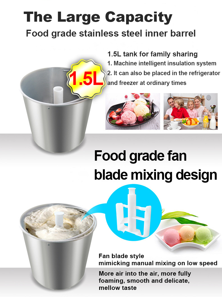 Ice making capacity 1.5L Full Automatic Soft Hard Stainless Steel Ice Cream Machine for Home ICM-15A Package Size 285*422*370mm