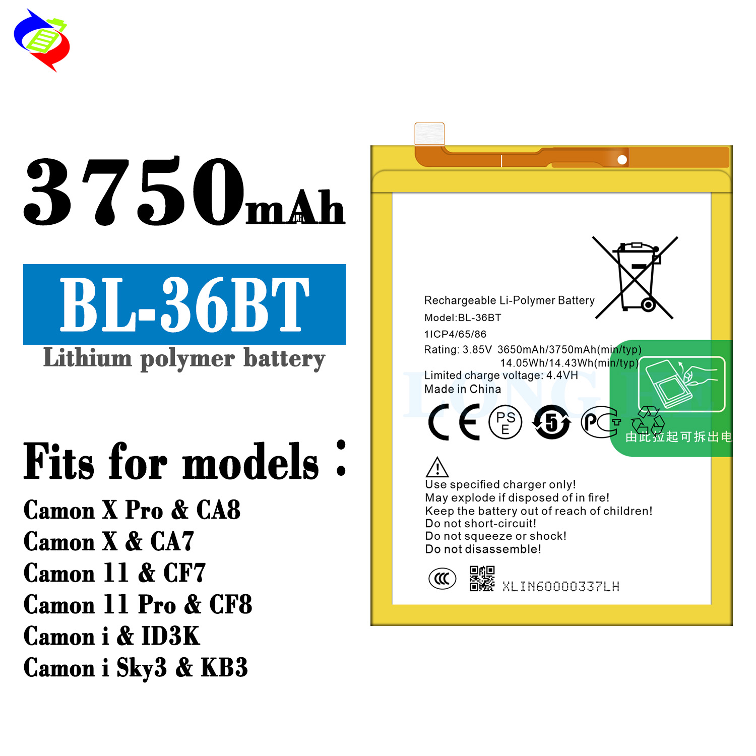 BL-36BT 3650mAh Digital Batteries for Tecno CF7/8 CA7/8 Camon11/11PRO/X/i Cell Phones