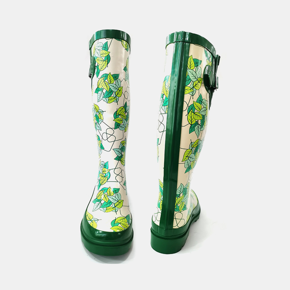Slip Resistant Flexible Waterproof Rubber Rain Boots With Leaves Printed