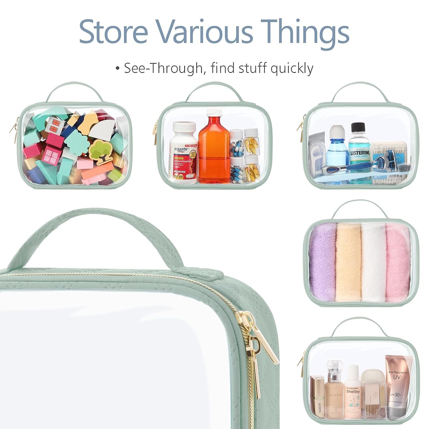 Shockproof And Durable Clear Green Cosmetic Bags With Handle