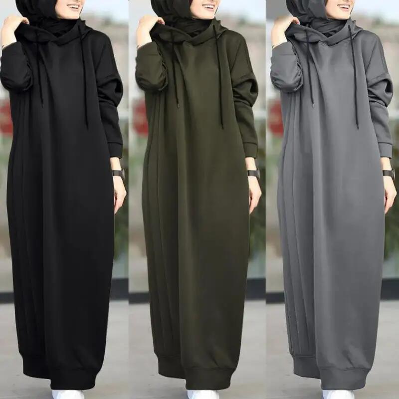 Solid Color of Long Style Set Islamic Clothing Autumn Winter Hooded Coat for Abaya Women Muslim Dress and Lady Hoodies Coat