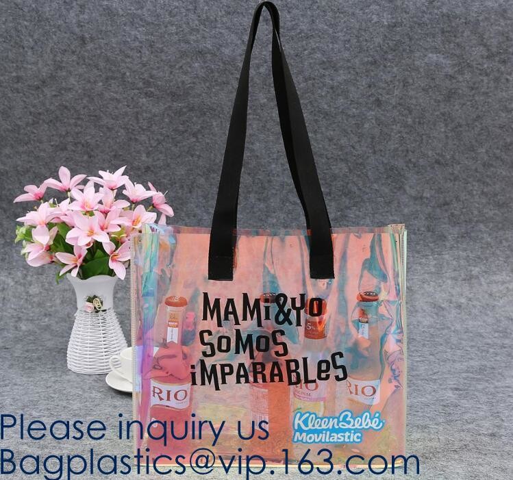 Waterproof All Over Printing PVC Coating Tote Shoulder Fabric Shopping Bag With Gusset And Lining,Jelly Clear Plastic PV