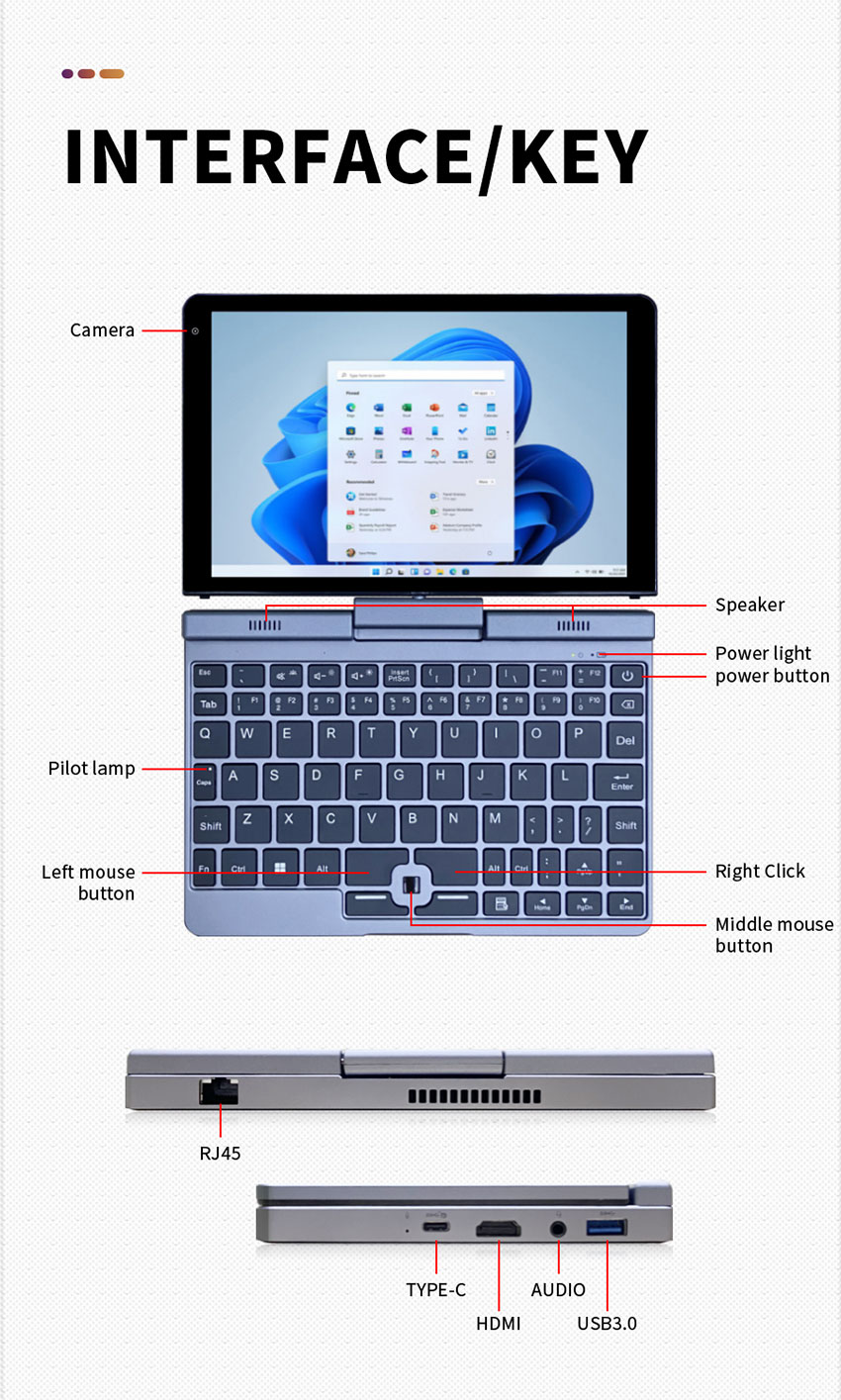 0.78kg 8 Inch Pocket Small Notebook Touch Screen Laptop Mini Intel N95 For Business