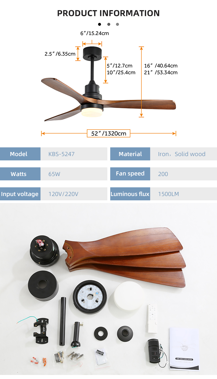 220VDC 65W 3 Wooden Blades Modern Living Room Air Cooling Fan With Light Feel Free To Contact