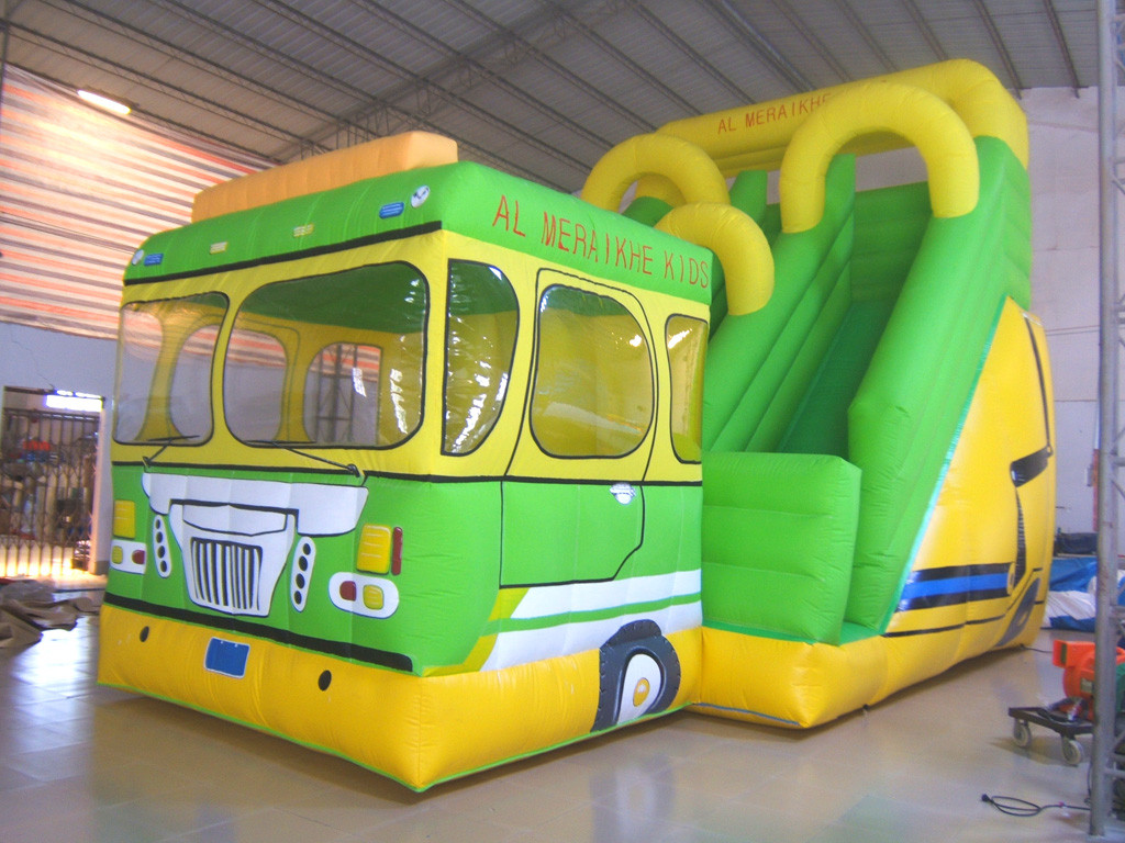 PVC Tarpaulin Inflatable Water Slide Double Stitched Fresh Lovely Bus Style