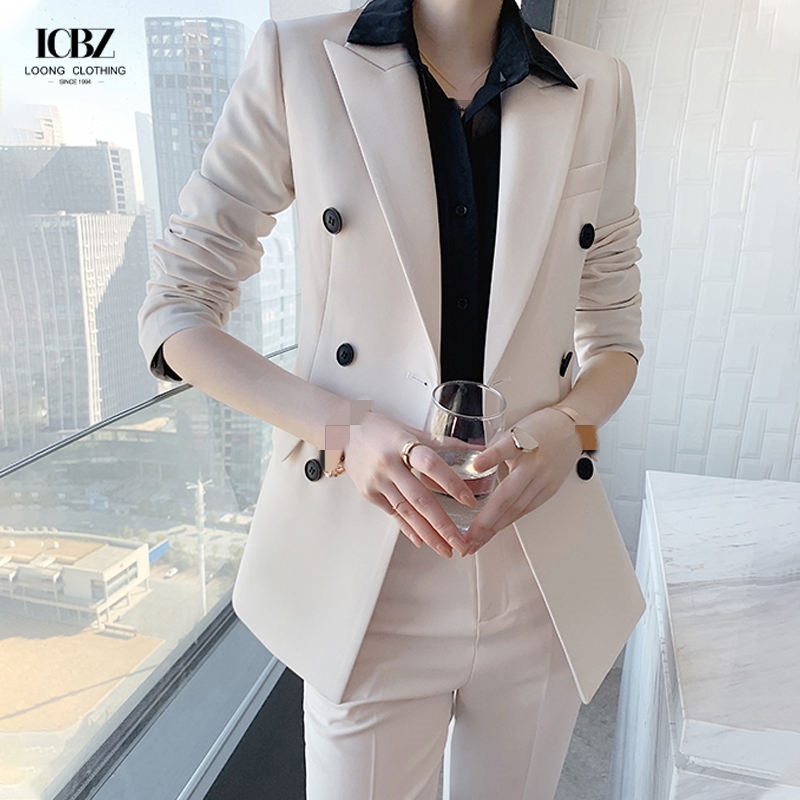 Nonwoven Women's Office White Dress Suit 2023 Top and Pants with Single Button Blazer