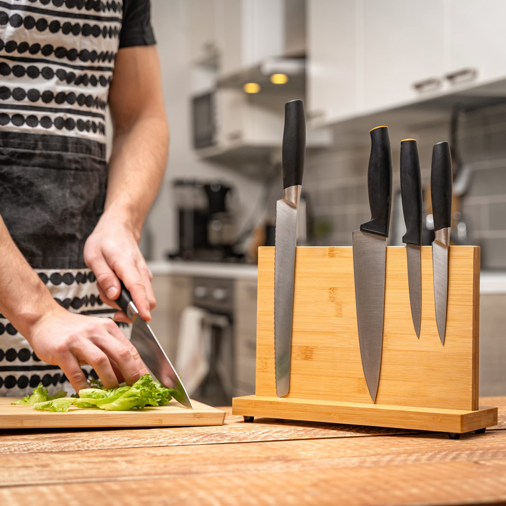 Permanent Magnet Bamboo Knife Holder for Kitchen Counter Nature Bamboo Block Design