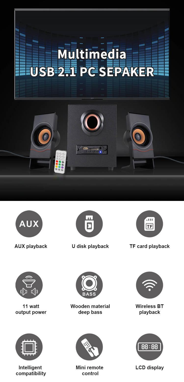 Desktop Wooden PC Speaker USB 2.1 Channel with Blue Tooth Audio and USB Connection