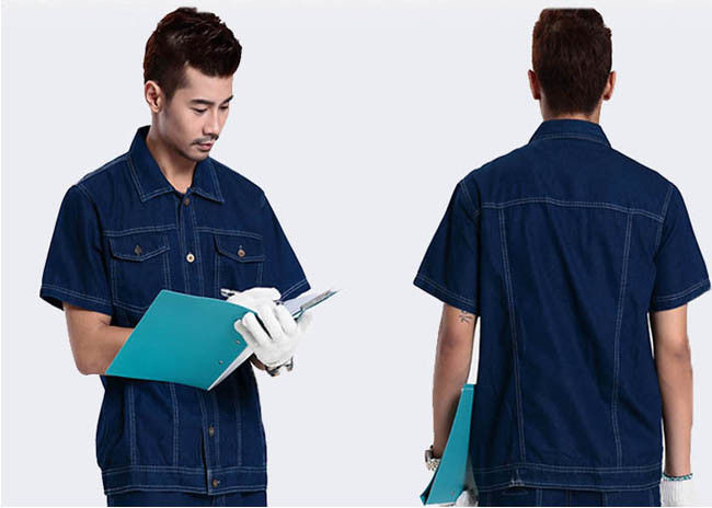 Denim Fabric Durable Industrial Uniform Shirts Unique Design With Buttons And Pockets