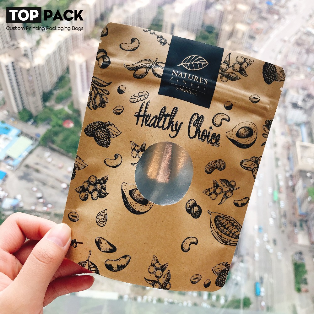 Organics Spice Kraft Paper Pouch Zipper Packaging Bag With Clear Window