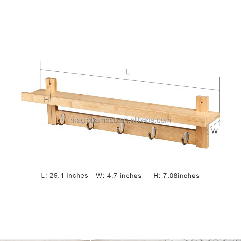 Convenient Living Room Storage Bamboo Wall-Mounted Coat Hook Rack with Upper Shelf