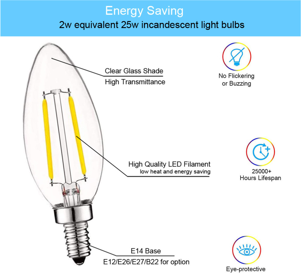 2W E12 E14 LED Filament Bulb , C35 LED Candle Lights For Chandeliers