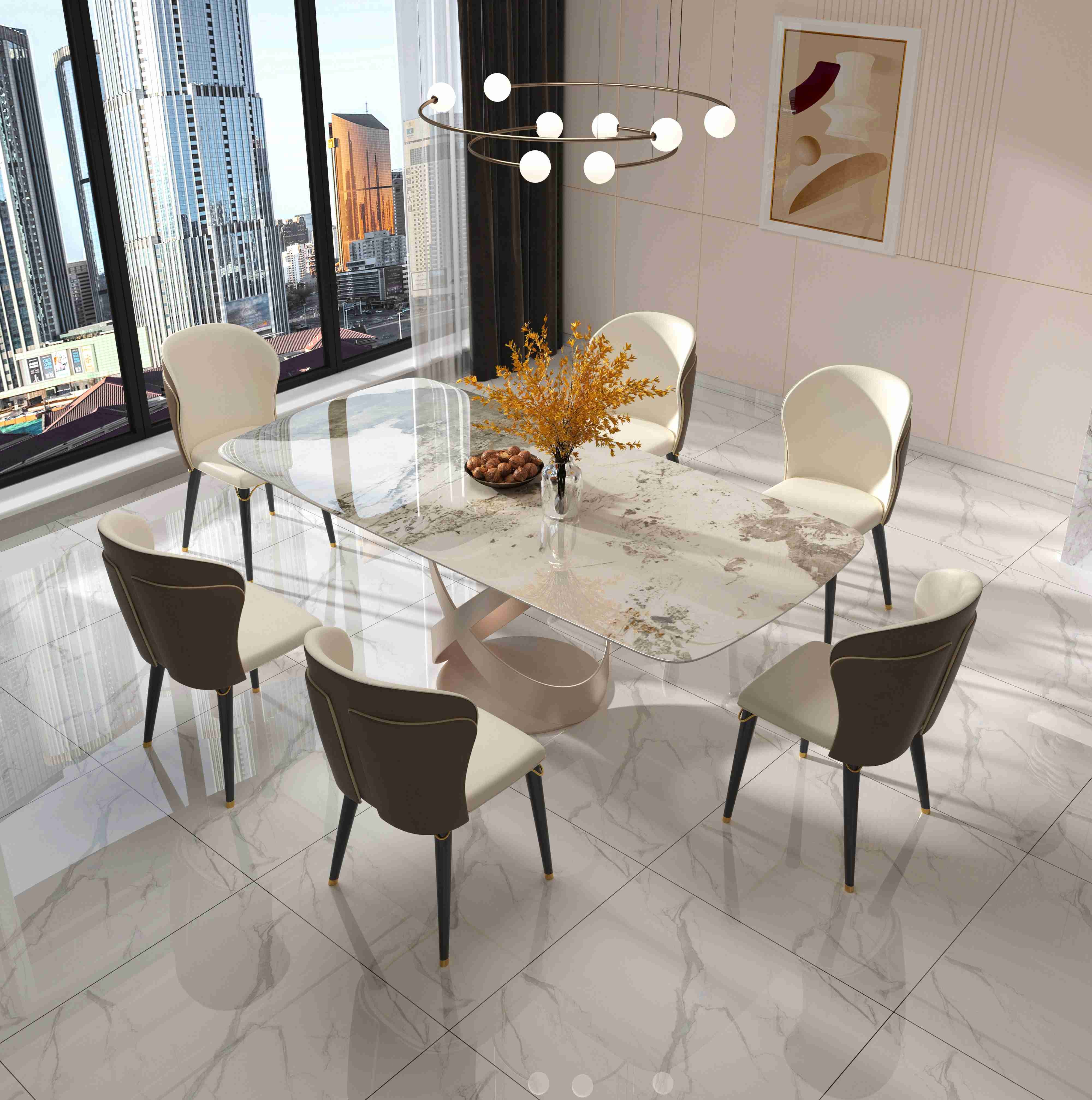 Luxury Contemporary Dining Table Chair Sets With X Stainless Teel Base