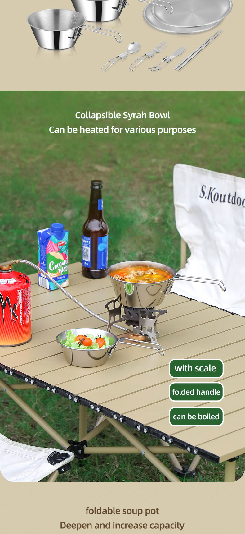 Hot Sale 304 Stainless Steel Outdoor Camping Cookware Mess Kit Portable Picnic Pot Pan Camping Cooking Set
