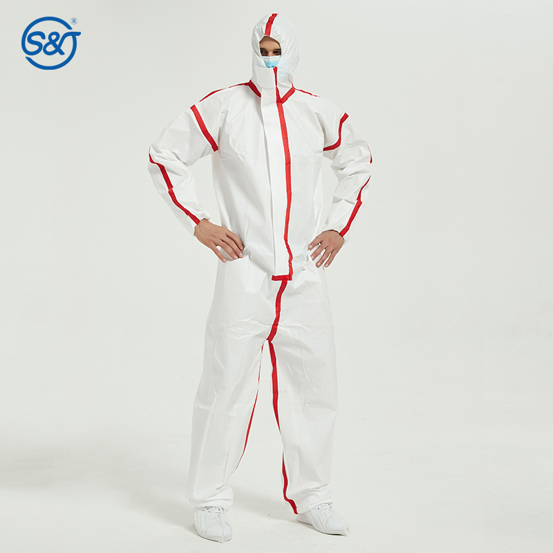 S&J White Type 5 Type 6 Coverall Disposable Isolation Suit With Elastic Cuff And Hood