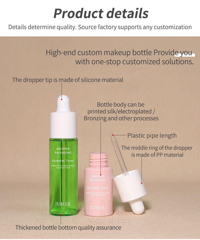 Customized logo Luxury Plastic Skincare Packaging 20ml 30ml 60ml 1oz Frosted Flat Face Serum Essential Oil Dropper Black Bottle