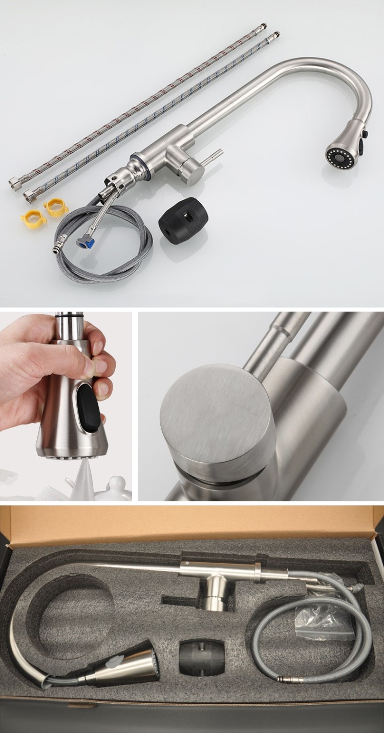 360 Degree Rotation Stainless Steel Kitchen Faucet Brushed Pull Out Sink Faucet