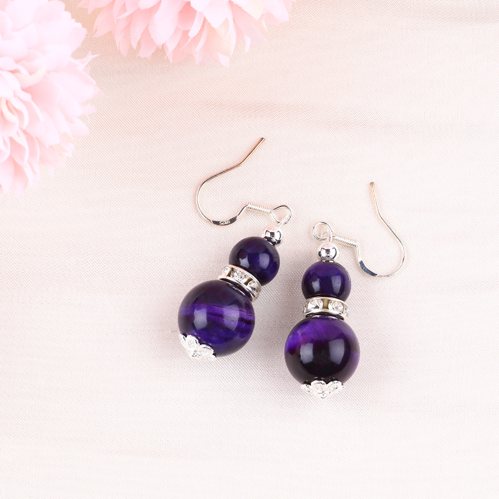 Handmade Crystal Stone Earrings Purple Tiger's Eye Gemstone Beaded Pendant Earrings