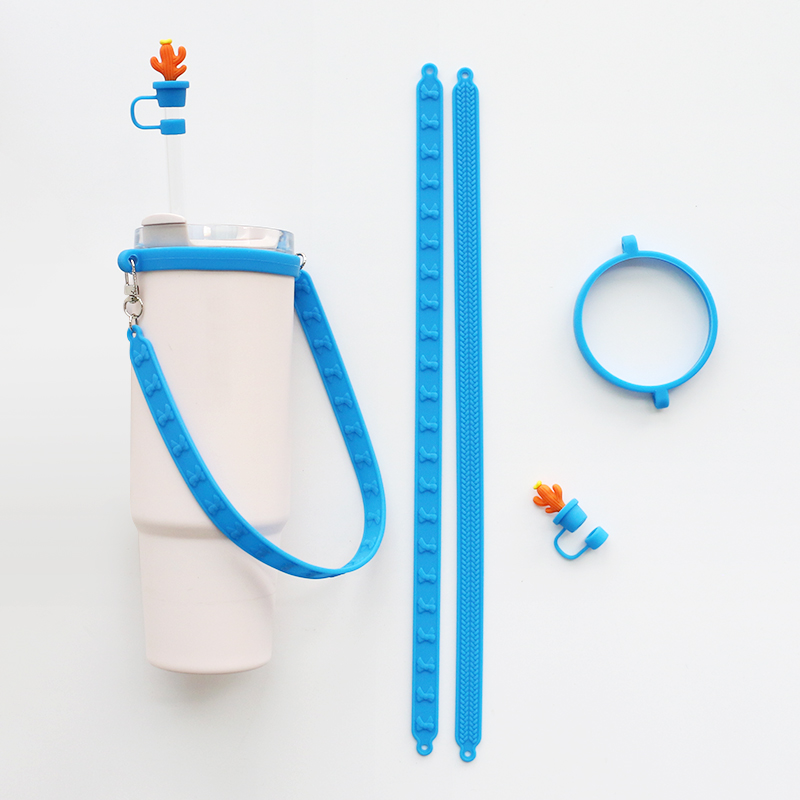 Custom Silicone Bottle Accessories for Bottle Mug Tumblers Gift of 4 Silicone Straw Toppers and Silicone Strap