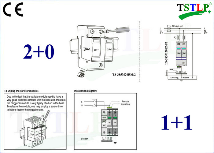 75v - 440v Single Phase Surge Arrester , 20kA Class 2 Voltage Surge Arrester