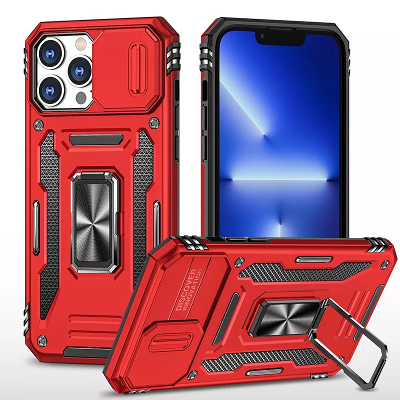 Kickstand Slide Camera Antishock Phone Back Cover For Iphone 13 14 Pro Max Phone Case With Ring Holder Lens Cover