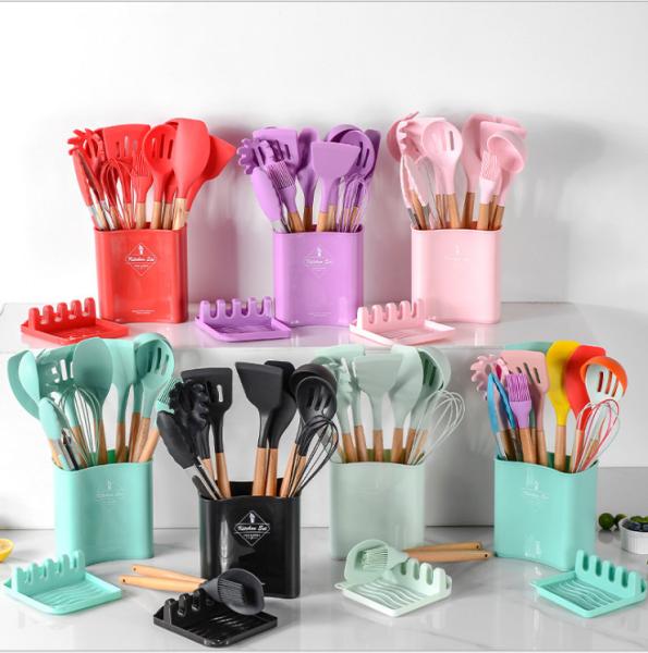 Kitchen Silicone Spatula Set With Wooden Handle Shovel Spoon Food Holder Egg