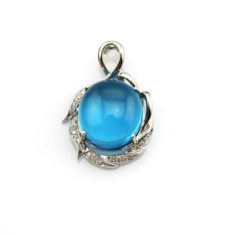 Sterling Silver 14mmx16mm Oval Dome Blue Topaz Cubic Zircon Pendant (PSJ0430)