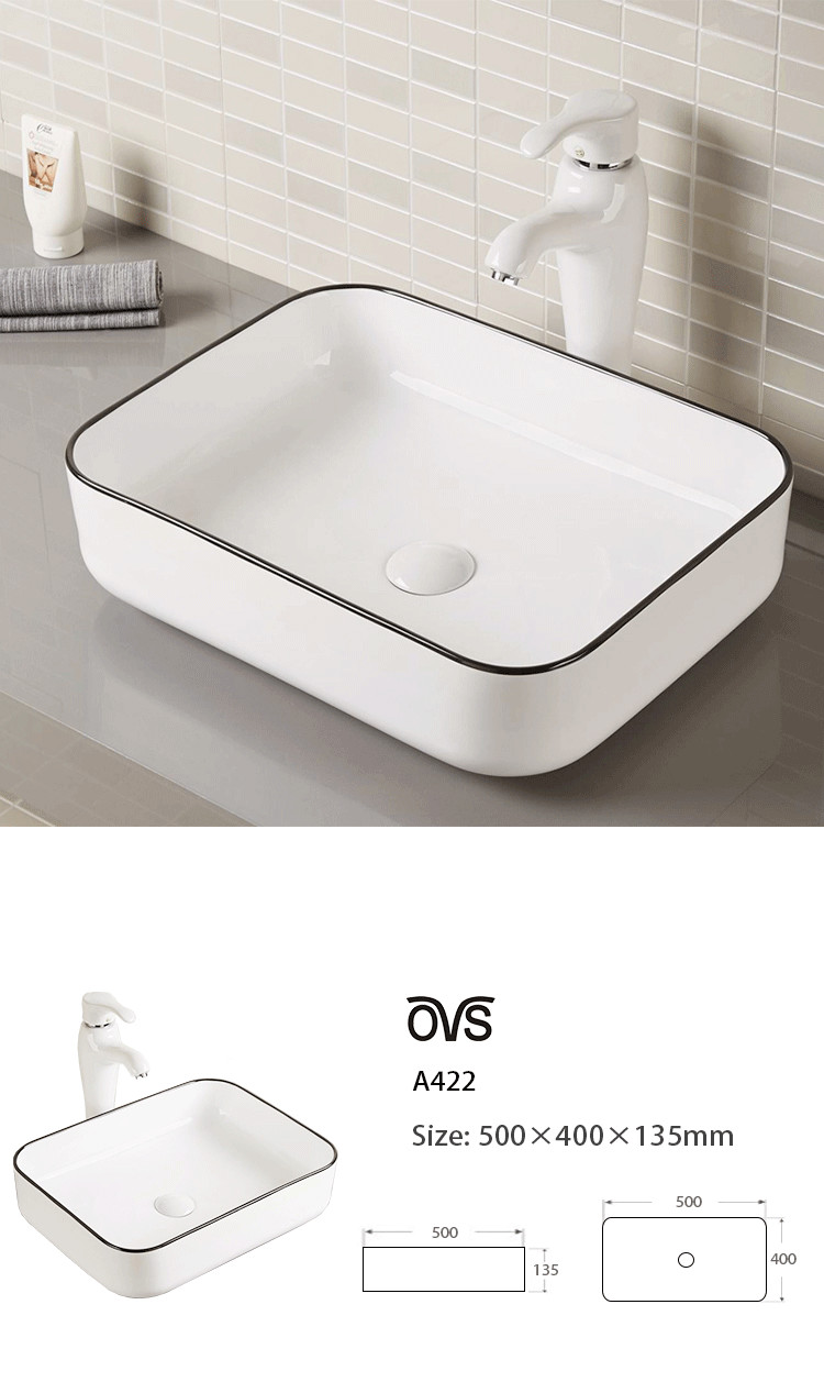 Solid Smooth Counter Top Bathroom Sink Ceramic Easy Maintain Rectangular Wash Basin