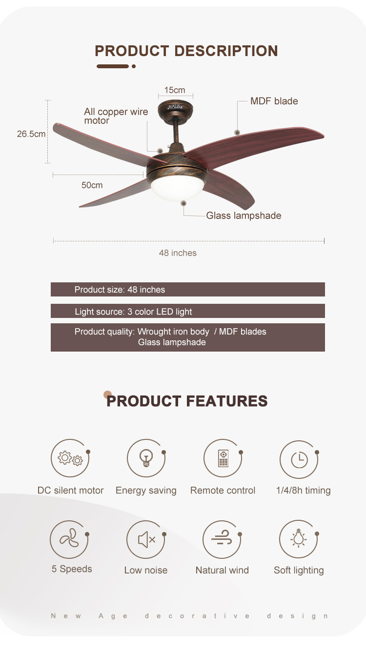 1stshine Natural Wind 4 MDF Blades LED Ceiling Fan with Light and Remote Modern Design