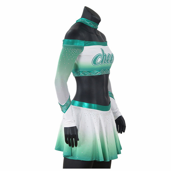 Girls Green Competition Rhinestones Cheerleading Uniforms With Mesh Fabric